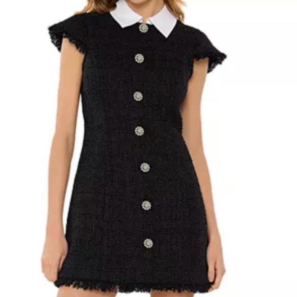 Riello Black Tweed Mini Dress with White Collar